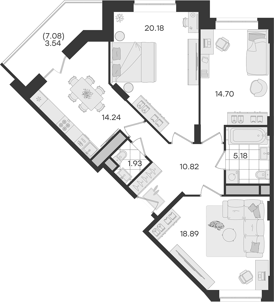 Планировка трёхкомнатная 89.48 м² в ЖК «Новый Весенний », корпус 1