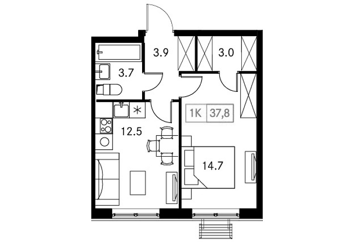 Планировка однокомнатная 37.8 м² в ЖК «Новый Зеленоград», корпус 3