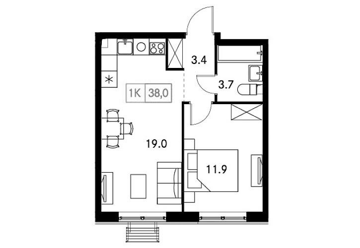 Планировка однокомнатная 38 м² в ЖК «Новый Зеленоград», корпус 3