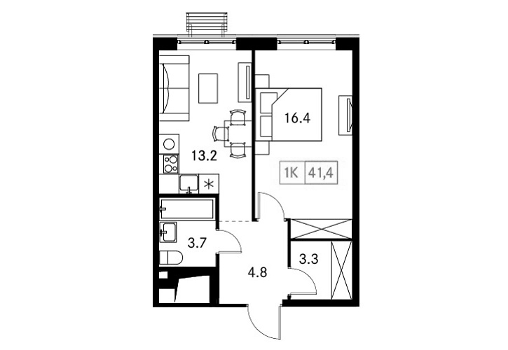 Планировка однокомнатная 41.4 м² в ЖК «Новый Зеленоград», корпус 3