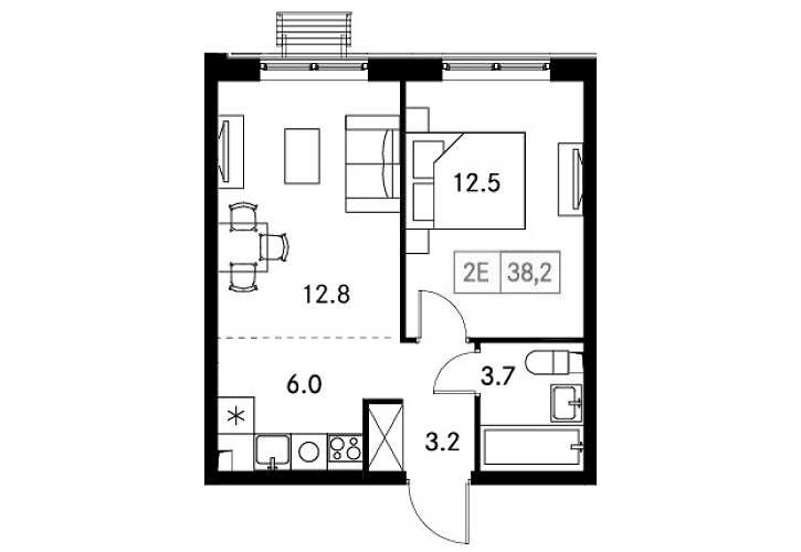 Планировка евродвушка (2Е) 38.2 м² в ЖК «Новый Зеленоград», корпус 3