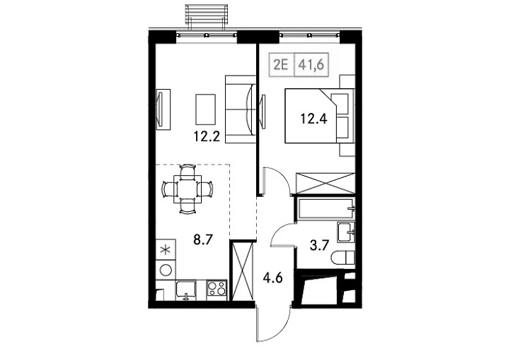 Планировка евродвушка (2Е) 41.6 м² в ЖК «Новый Зеленоград», корпус 3