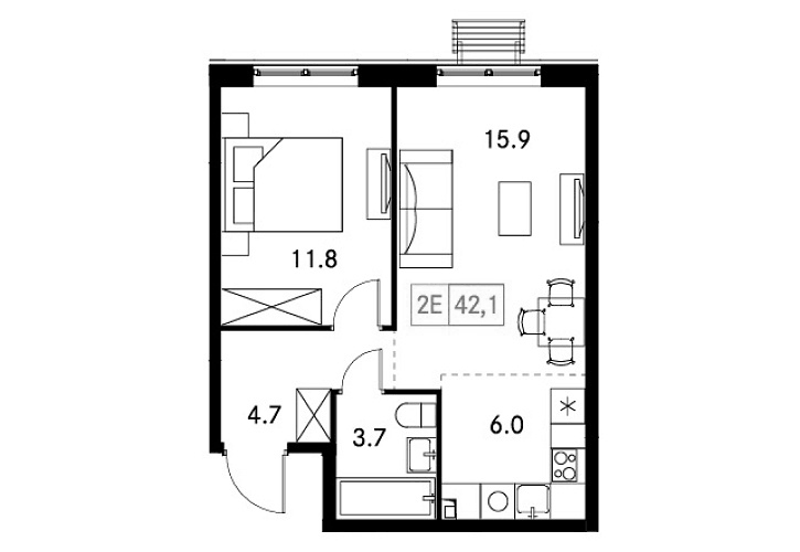 Планировка евродвушка (2Е) 42.1 м² в ЖК «Новый Зеленоград», корпус 3