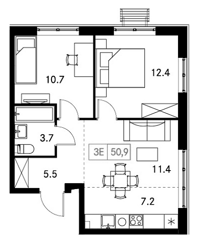 Планировка евротрёшка (3Е) 50.9 м² в ЖК «Новый Зеленоград», корпус 5