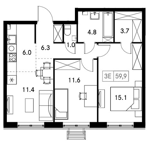 Планировка евротрёшка (3Е) 59.9 м² в ЖК «Новый Зеленоград», корпус 5