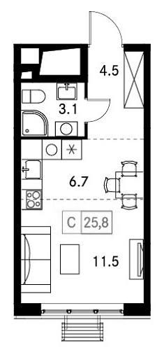 Планировка Студии 25.8 м² в ЖК «Новый Зеленоград», корпус 5