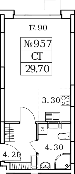 Планировка Студии 29.7 м² в ЖК «Облака 2.0», корпус 2.2