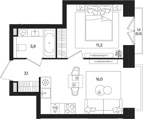 Планировка однокомнатная 34.5 м² в ЖК «ТАТУМ», корпус 1