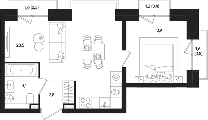 Планировка евродвушка (2Е) 42.4 м² в ЖК «ТАТУМ», корпус 1