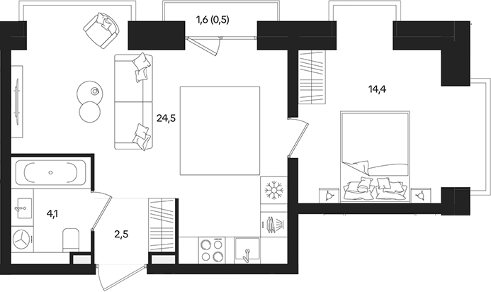 Планировка евродвушка (2Е) 46 м² в ЖК «ТАТУМ», корпус 1