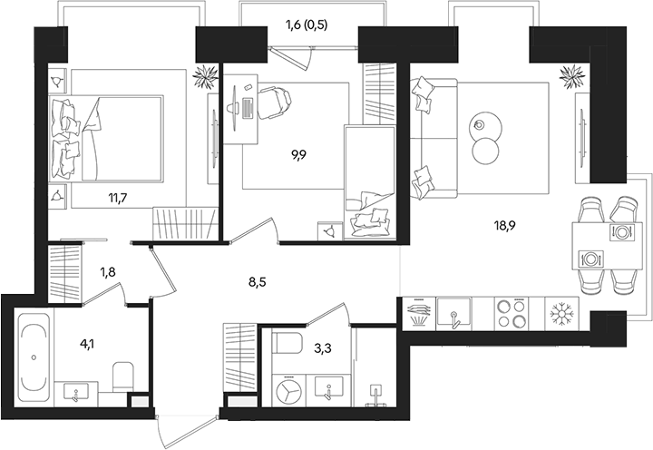 Планировка евротрёшка (3Е) 58.7 м² в ЖК «ТАТУМ», корпус 1