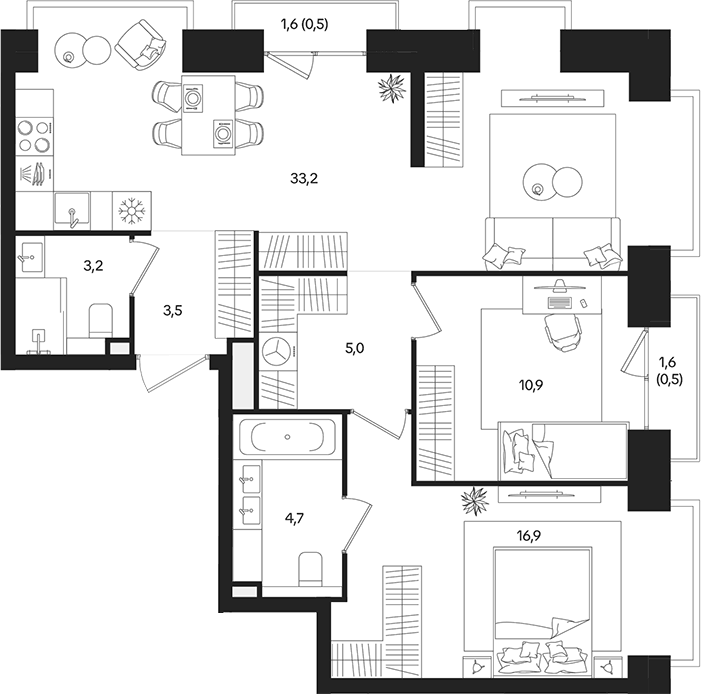 Планировка евротрёшка (3Е) 78.4 м² в ЖК «ТАТУМ», корпус 1