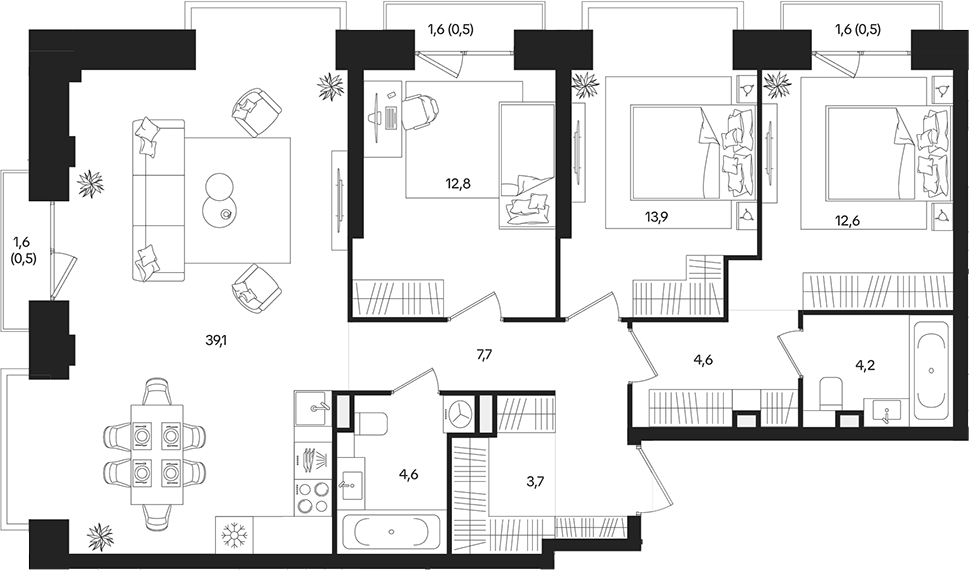 Планировка евро-4 (4Е) 104.7 м² в ЖК «ТАТУМ», корпус 1