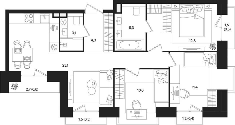 Планировка евро-4 (4Е) 74.2 м² в ЖК «ТАТУМ», корпус 1