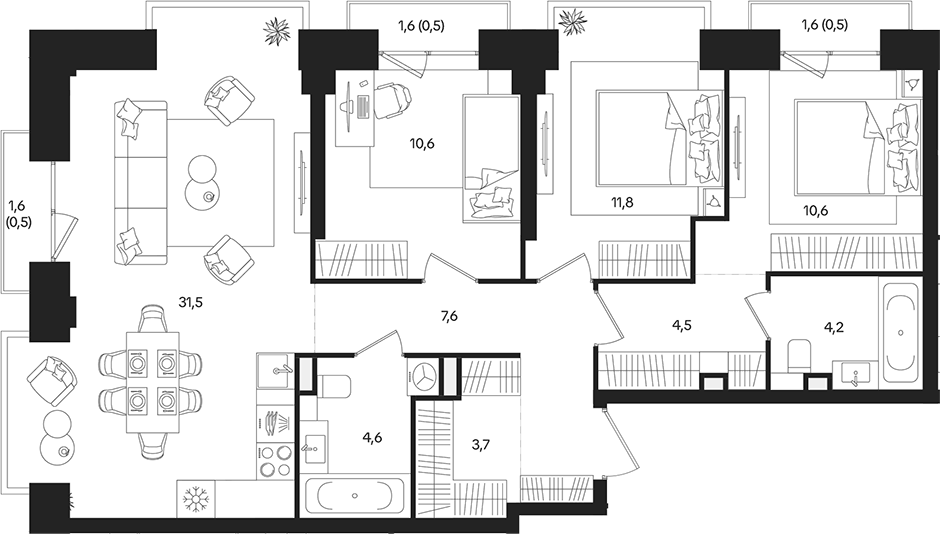 Планировка евро-4 (4Е) 90.6 м² в ЖК «ТАТУМ», корпус 1
