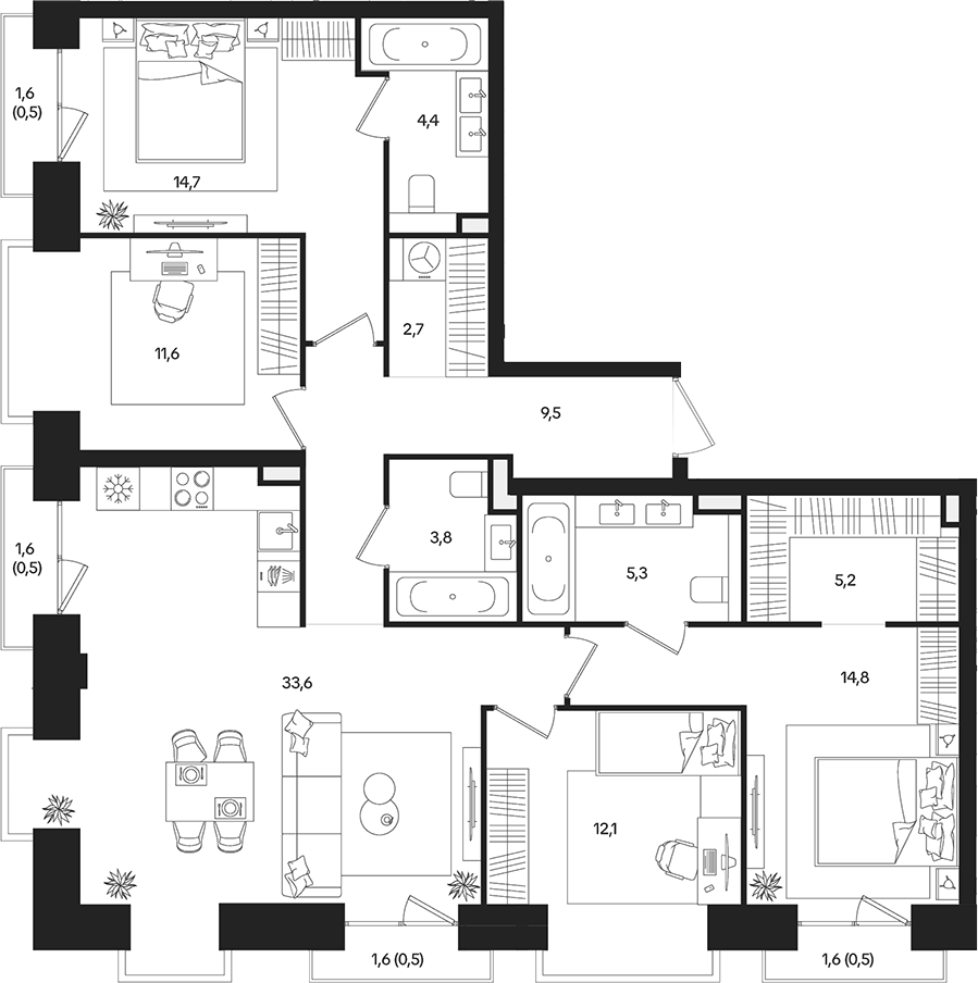 Планировка 5Е-к.кв 119.7 м² в ЖК «ТАТУМ», корпус 1