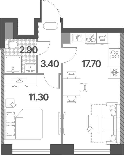Планировка евродвушка (2Е) 35.3 м² в ЖК «Обручева 30», корпус 2