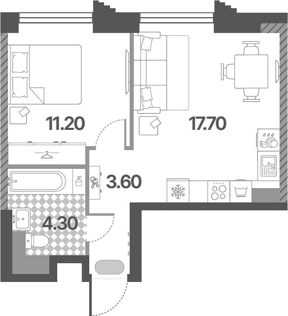 Планировка евродвушка (2Е) 36.8 м² в ЖК «Обручева 30», корпус 1