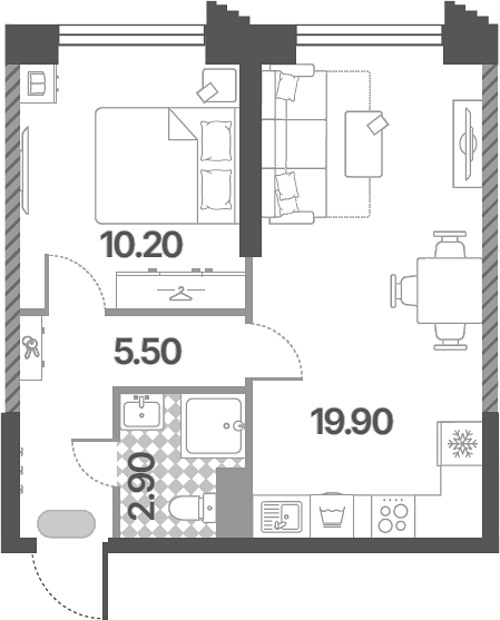 Планировка евродвушка (2Е) 38.5 м² в ЖК «Обручева 30», корпус 1