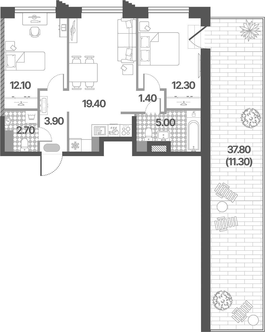 Планировка евротрёшка (3Е) 68.1 м² в ЖК «Обручева 30», корпус 1
