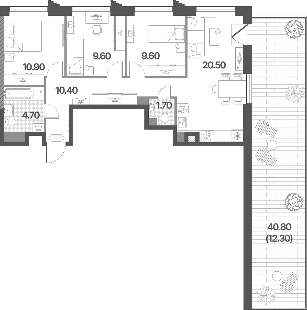 Планировка евро-4 (4Е) 79.7 м² в ЖК «Обручева 30», корпус 1