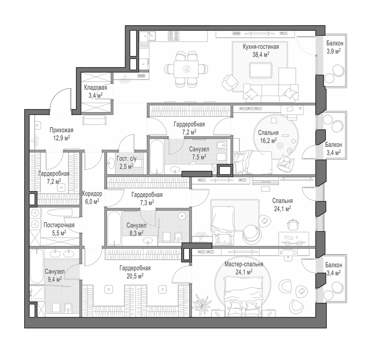 Планировка евро-4 (4Е) 207.21 м² в ЖК «Клубный дом Обыденский №1», корпус 1