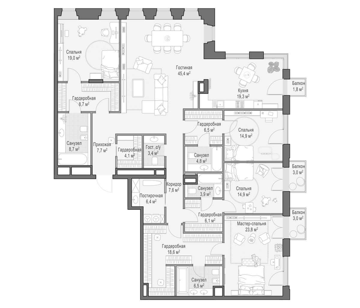 Планировка 5Е-к.кв 240.5 м² в ЖК «Клубный дом Обыденский №1», корпус 1
