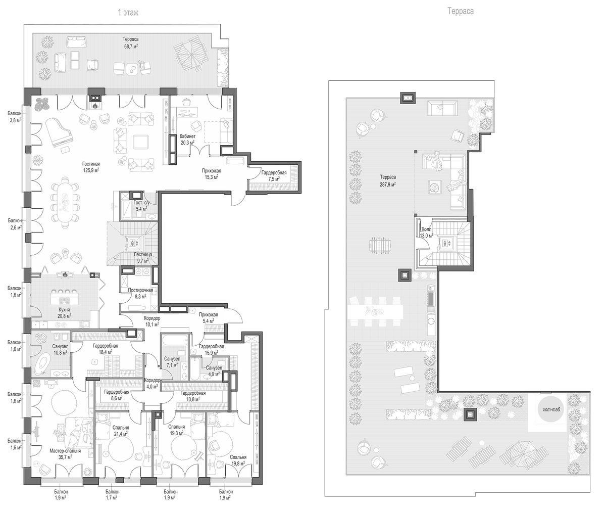 Планировка пятикомнатная 546.04 м² в ЖК «Клубный дом Обыденский №1», корпус 1