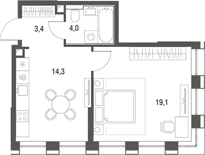 Планировка однокомнатная 40.8 м² в ЖК «Одинбург», корпус Архитектурный проект - Наследие (старт бронирования)