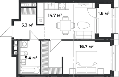 Планировка однокомнатная 43.61 м² в ЖК «Одинбург», корпус Архитектурный проект - Наследие К1 (старт бронирования)