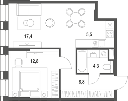 Планировка евродвушка (2Е) 48.7 м² в ЖК «Одинбург», корпус Архитектурный проект - Наследие (старт бронирования)