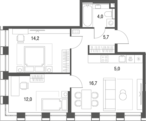 Планировка евротрёшка (3Е) 57.6 м² в ЖК «Одинбург», корпус Архитектурный проект - Наследие (старт бронирования)