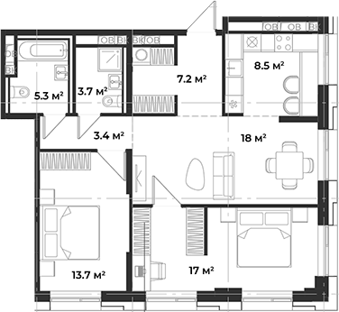 Планировка евротрёшка (3Е) 76.88 м² в ЖК «Одинбург», корпус Архитектурный проект - Наследие К2 (старт бронирования)