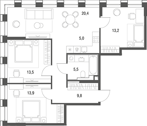Планировка евро-4 (4Е) 81.2 м² в ЖК «Одинбург», корпус Архитектурный проект - Наследие (старт бронирования)