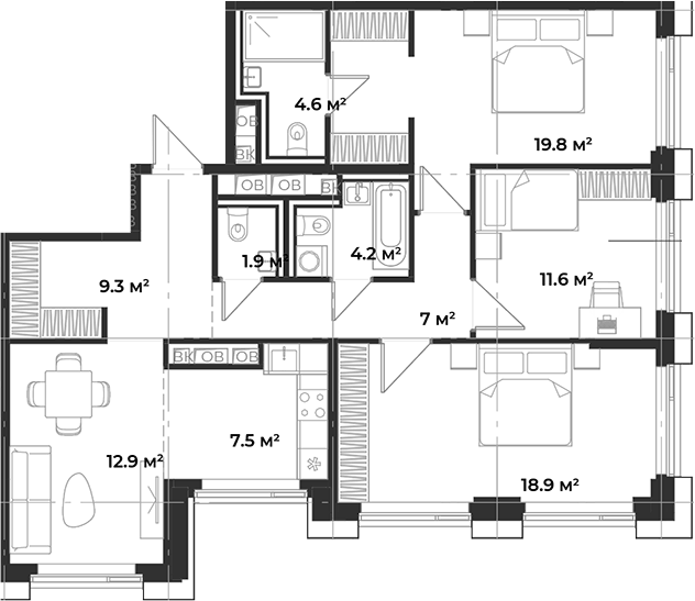 Планировка евро-4 (4Е) 97.68 м² в ЖК «Одинбург», корпус Архитектурный проект - Наследие К1 (старт бронирования)