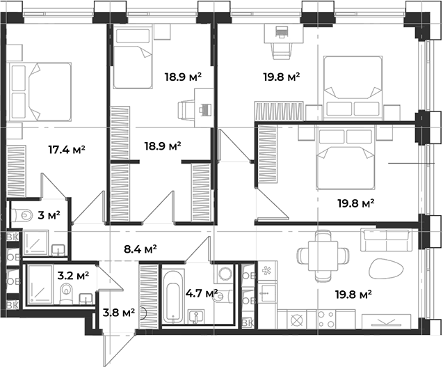 Планировка 5Е-к.кв 109.69 м² в ЖК «Одинбург», корпус Архитектурный проект - Наследие К1 (старт бронирования)