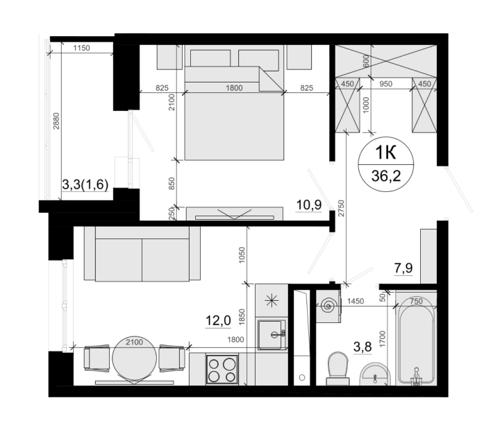 Планировка однокомнатная 36.2 м² в ЖК «Одинцовские Кварталы Эволюция», корпус 1