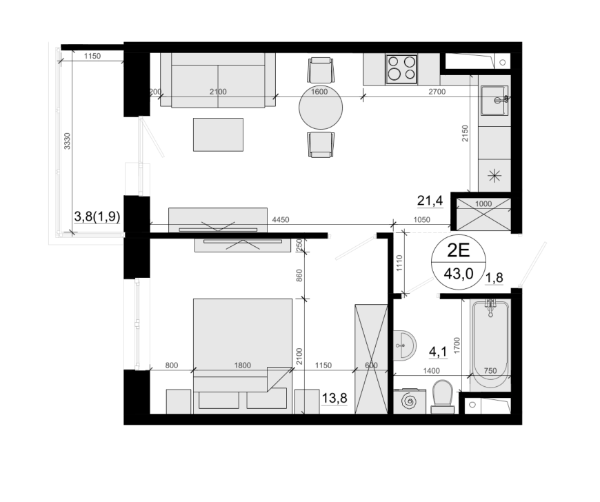 Планировка евродвушка (2Е) 43 м² в ЖК «Одинцовские Кварталы Эволюция», корпус 1