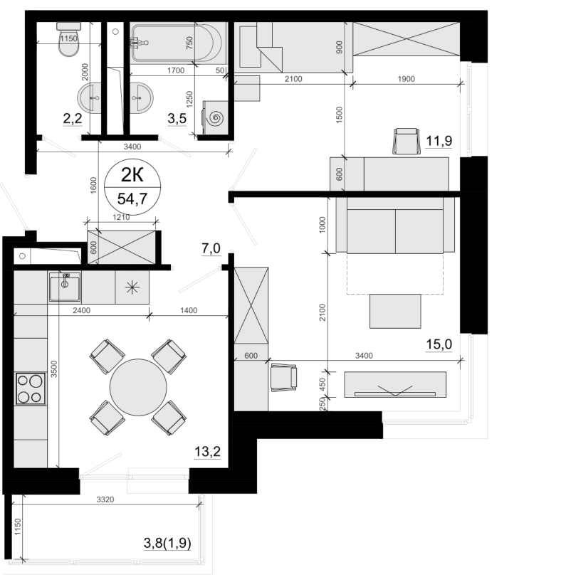 Планировка двухкомнатная 54.7 м² в ЖК «Одинцовские Кварталы Эволюция», корпус 1