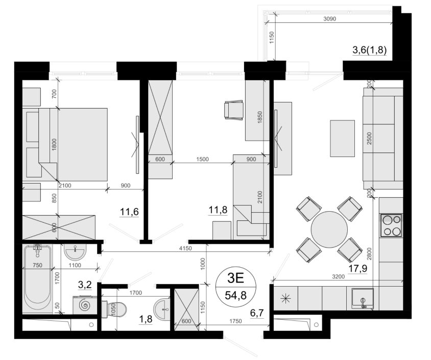 Планировка евротрёшка (3Е) 54.8 м² в ЖК «Одинцовские Кварталы Эволюция», корпус 2