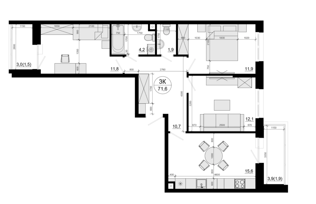 Планировка трёхкомнатная 71.6 м² в ЖК «Одинцовские Кварталы Эволюция», корпус 1