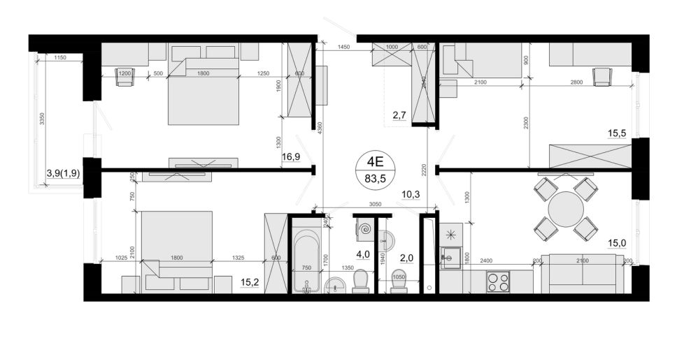 Планировка евро-4 (4Е) 83.5 м² в ЖК «Одинцовские Кварталы Эволюция», корпус 3