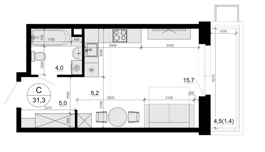 Планировка Студии 31.2 м² в ЖК «Одинцовские Кварталы Эволюция», корпус 1