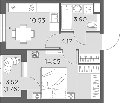 Планировка однокомнатная 34.41 м² в ЖК «Одинград, квартал Семейный», корпус 11