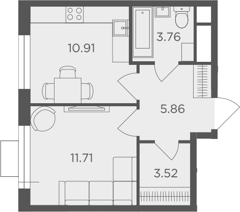 Планировка однокомнатная 35.76 м² в ЖК «Одинград, квартал Семейный», корпус 5