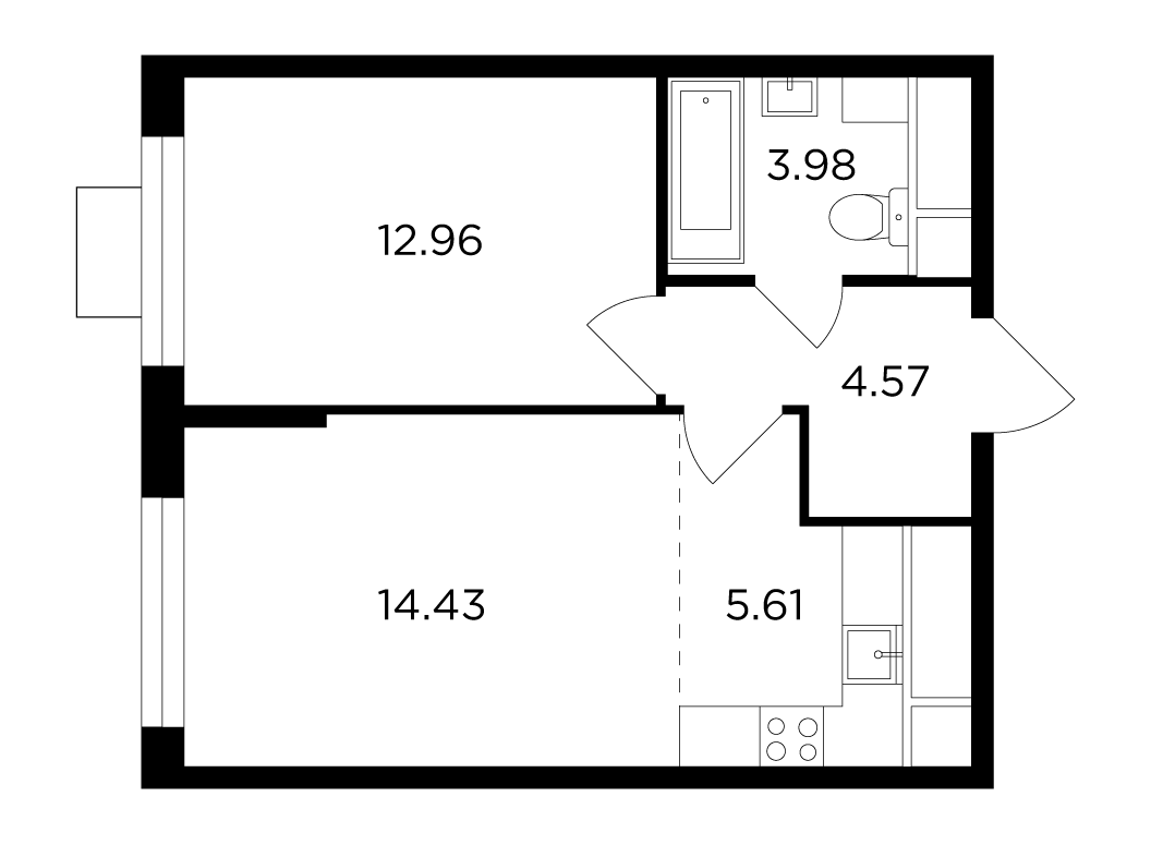 Планировка евродвушка (2Е) 41.55 м² в ЖК «Одинград, квартал Семейный», корпус 10
