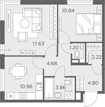 Планировка двухкомнатная 56.19 м² в ЖК «Одинград, квартал Семейный», корпус 11