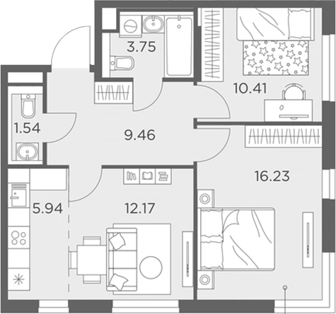 Планировка евротрёшка (3Е) 59.5 м² в ЖК «Одинград, квартал Семейный», корпус 11
