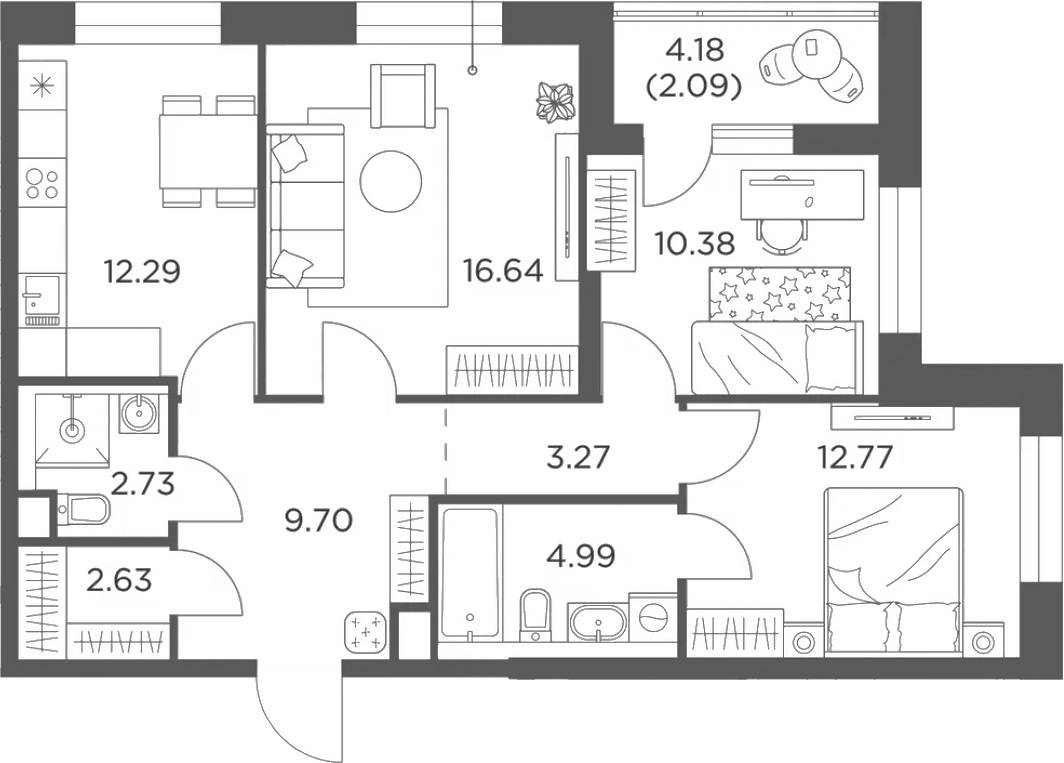 Планировка трёхкомнатная 77.49 м² в ЖК «Одинград, квартал Семейный», корпус 11
