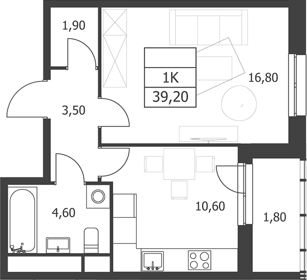 Планировка однокомнатная 39.2 м² в ЖК «Октябрьский», корпус 1